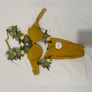 Andrea Iyamah Mona Embroidered Custard Bikini Set Size XS
